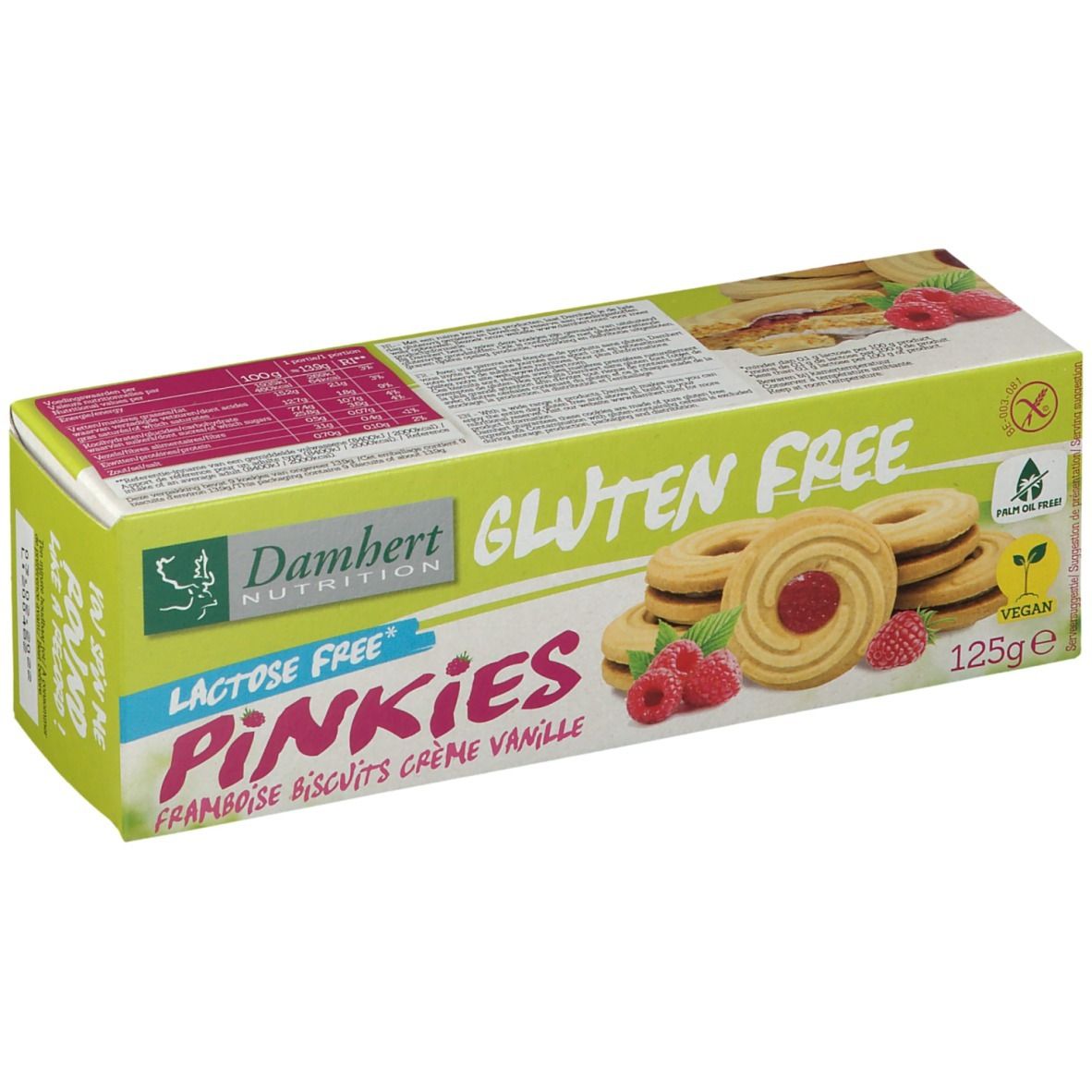 Verpakking Damhert Pinkies framboos vanille koekjes. Glutenvrij, lactosevrij. Groen-wit design met koekjes en frambozen.