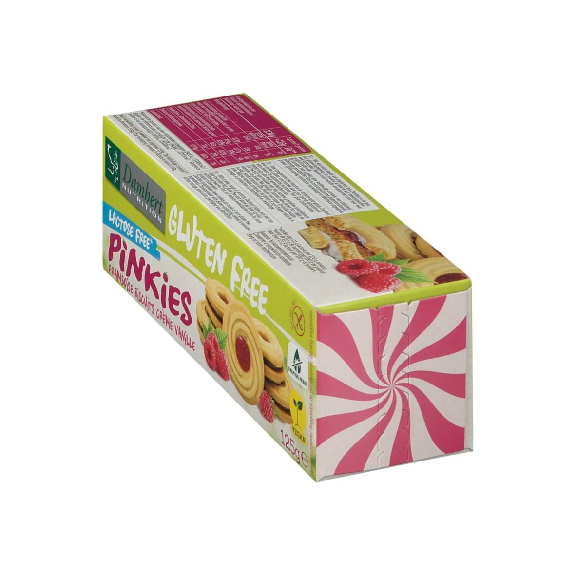 Verpakking Damhert Pinkies framboos vanille koekjes. Glutenvrij, lactosevrij. Design met roze wervelpatroon.