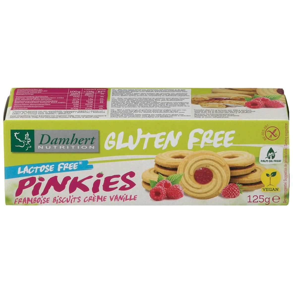 Verpakking Damhert Pinkies framboos vanille koekjes. Glutenvrij, lactosevrij. Groen-wit design met koekjes en frambozen.