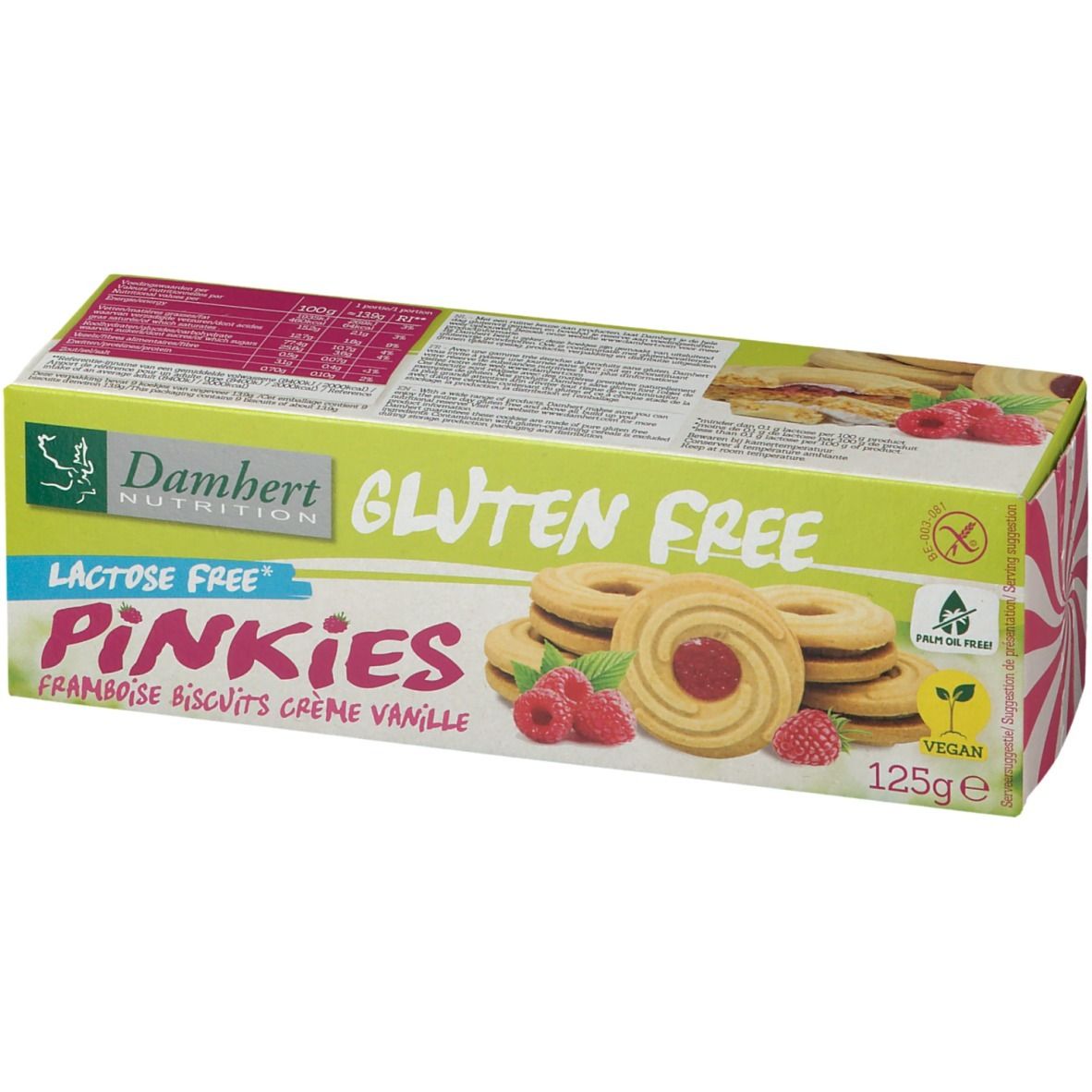 Verpakking Damhert Pinkies framboos vanille koekjes. Glutenvrij, lactosevrij. Design met roze wervelpatroon.