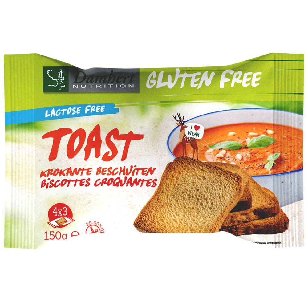 Verpakking Damhert glutenvrije toast. Opschrift "Gluten Free". 150g, 4x3 stuks.