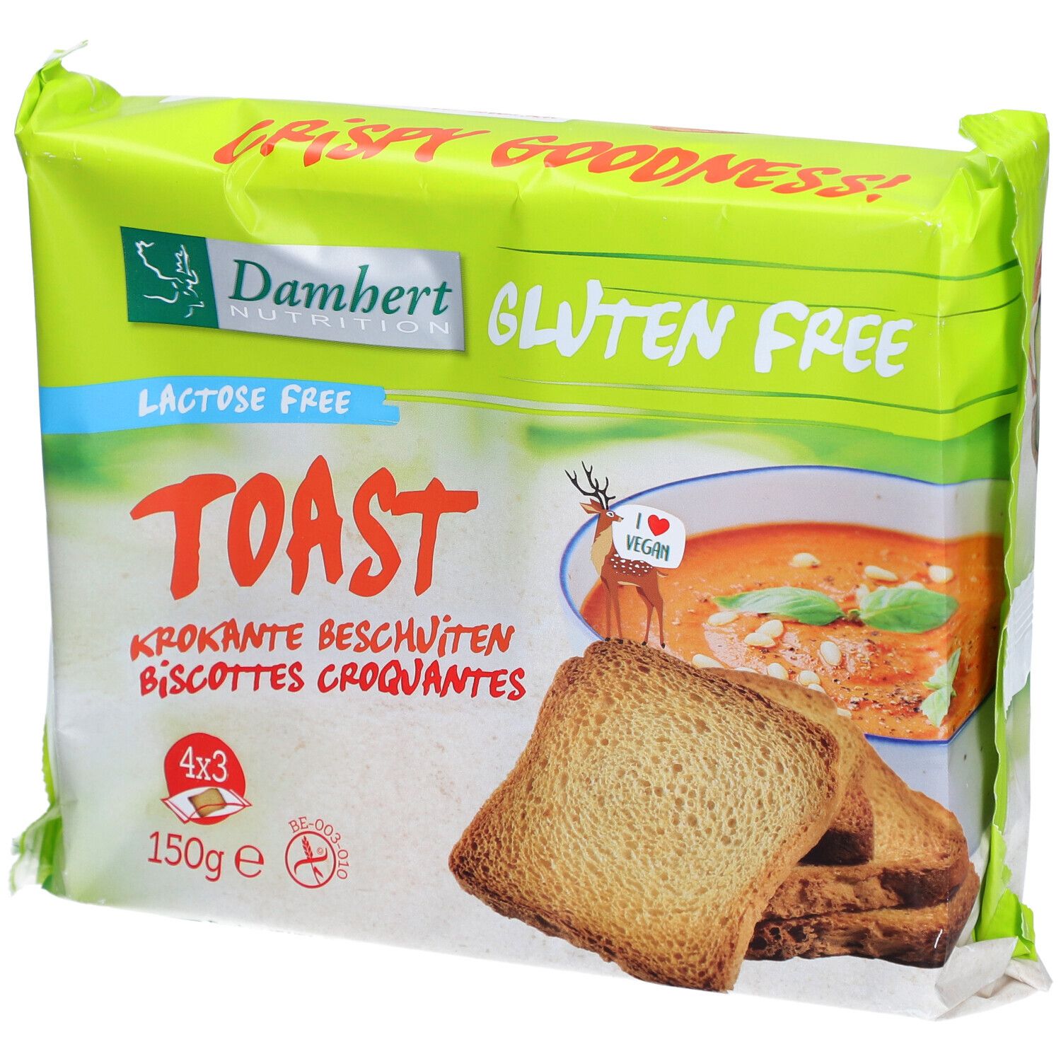 Verpakking Damhert glutenvrije toast. Opschrift "Gluten Free". 150g, 4x3 stuks. Illustratie soep.