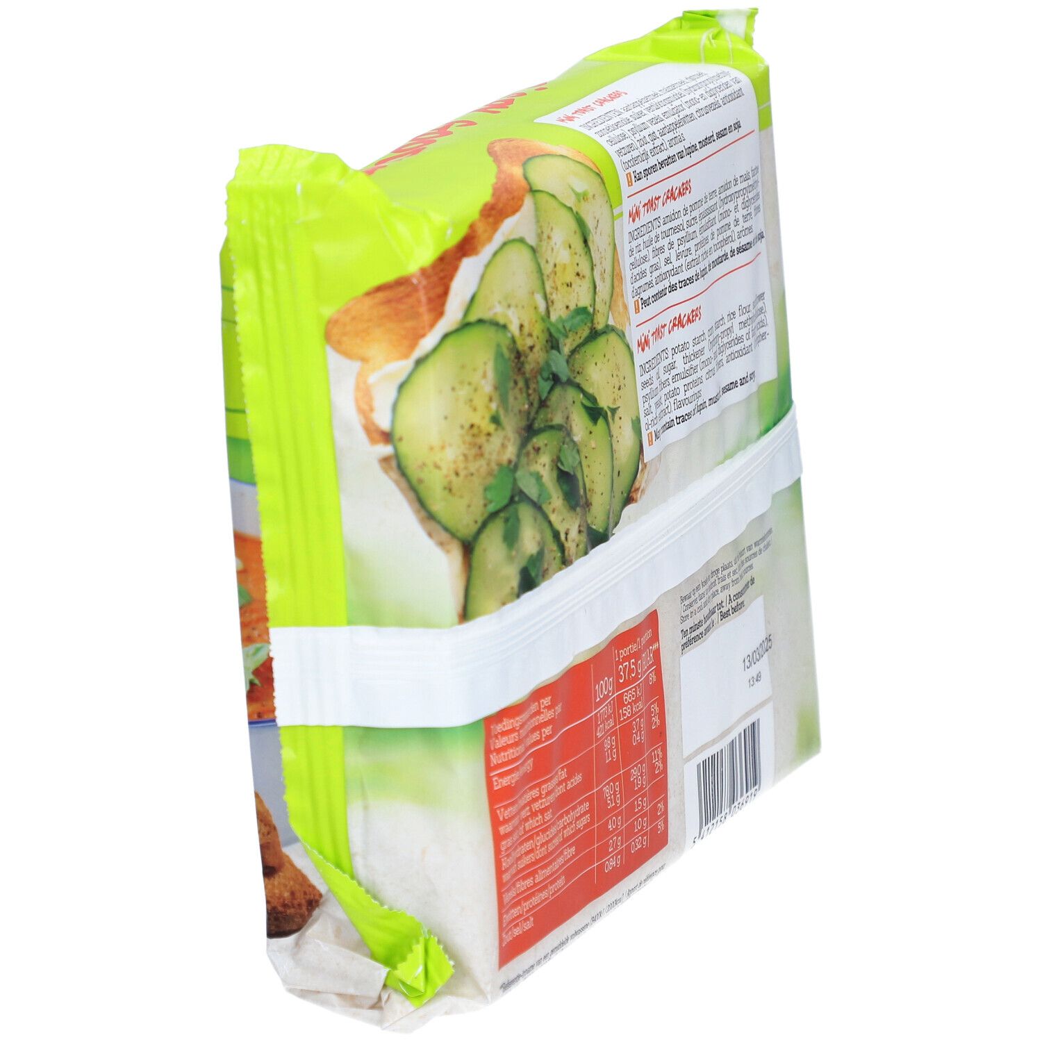 Zijaanzicht verpakking glutenvrije toast. Ingrediënten en voedingswaarde.