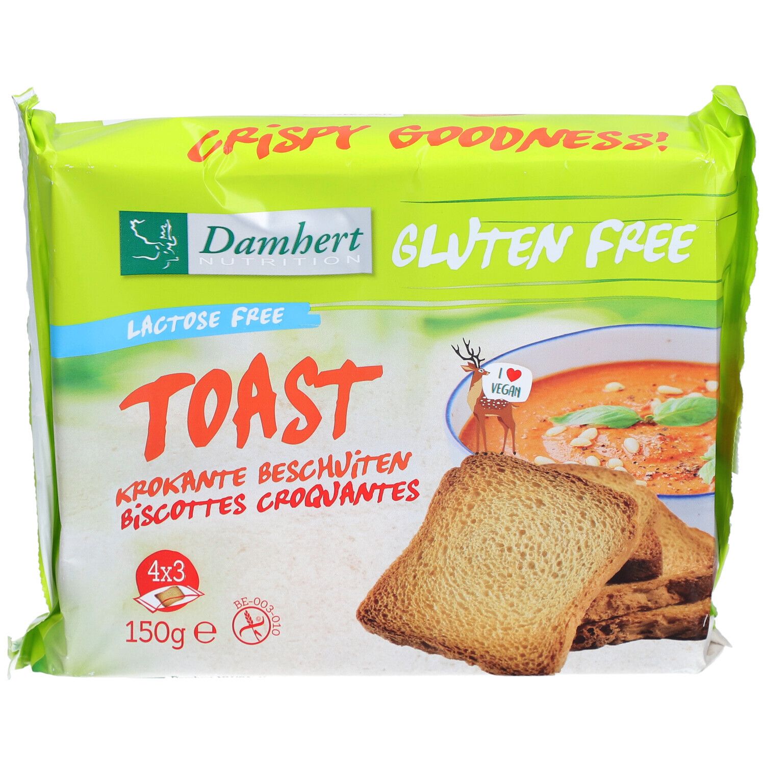 Verpakking Damhert glutenvrije toast. Opschrift "Gluten Free". 150g, 4x3 stuks.