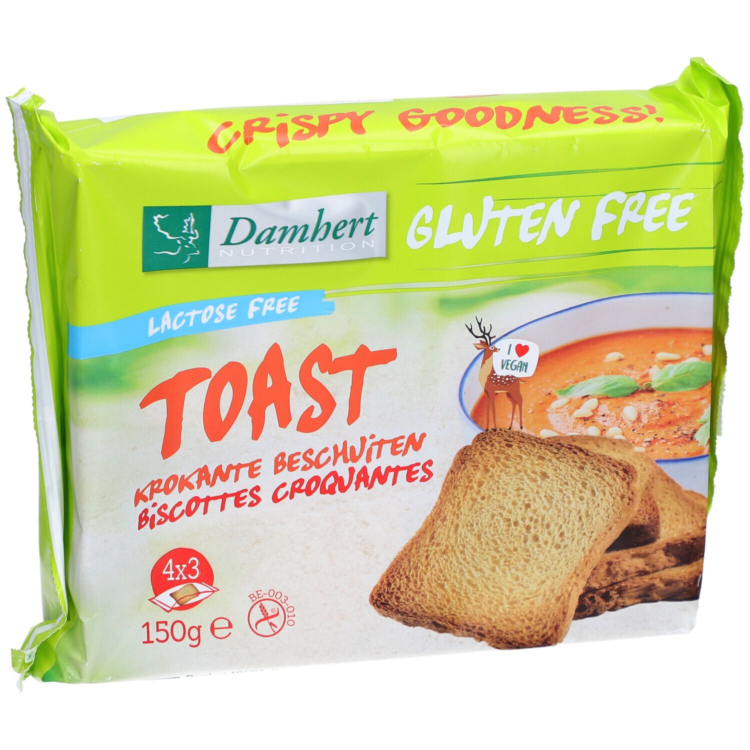 Verpakking Damhert glutenvrije toast. Opschrift "Gluten Free". 150g, 4x3 stuks.