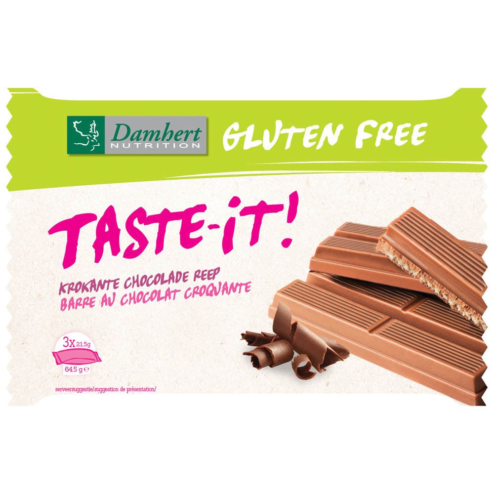 Verpackung mit Schokoriegeln. "Damhert Nutrition Gluten Free Taste-it!"-Logo. Riegel mit Schokoladenstückchen.