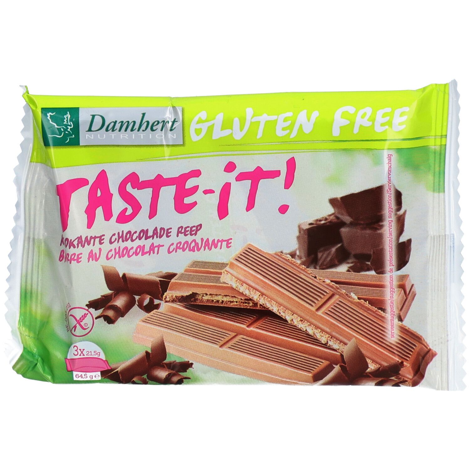 Verpackung mit Schokoriegeln. "Damhert Gluten Free Taste-it!"-Logo. Riegel mit Schokoladenstückchen.
