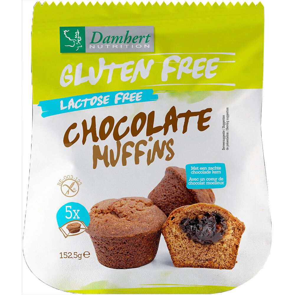 Verpakking Damhert chocolademuffins, lactose- en glutenvrij. Toont muffins, één doorgesneden, met chocoladevulling.
