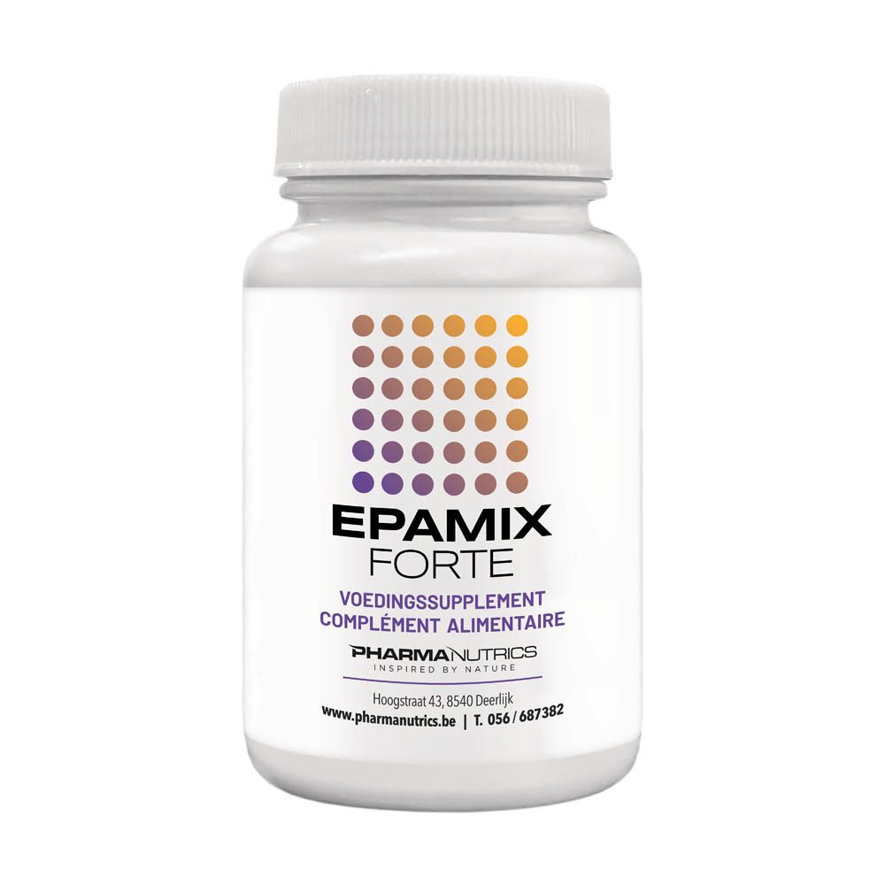 Flacon blanc avec capsules. Inscription EPAMIX FORTE, complément alimentaire. Marque PHARMANUTRICS.