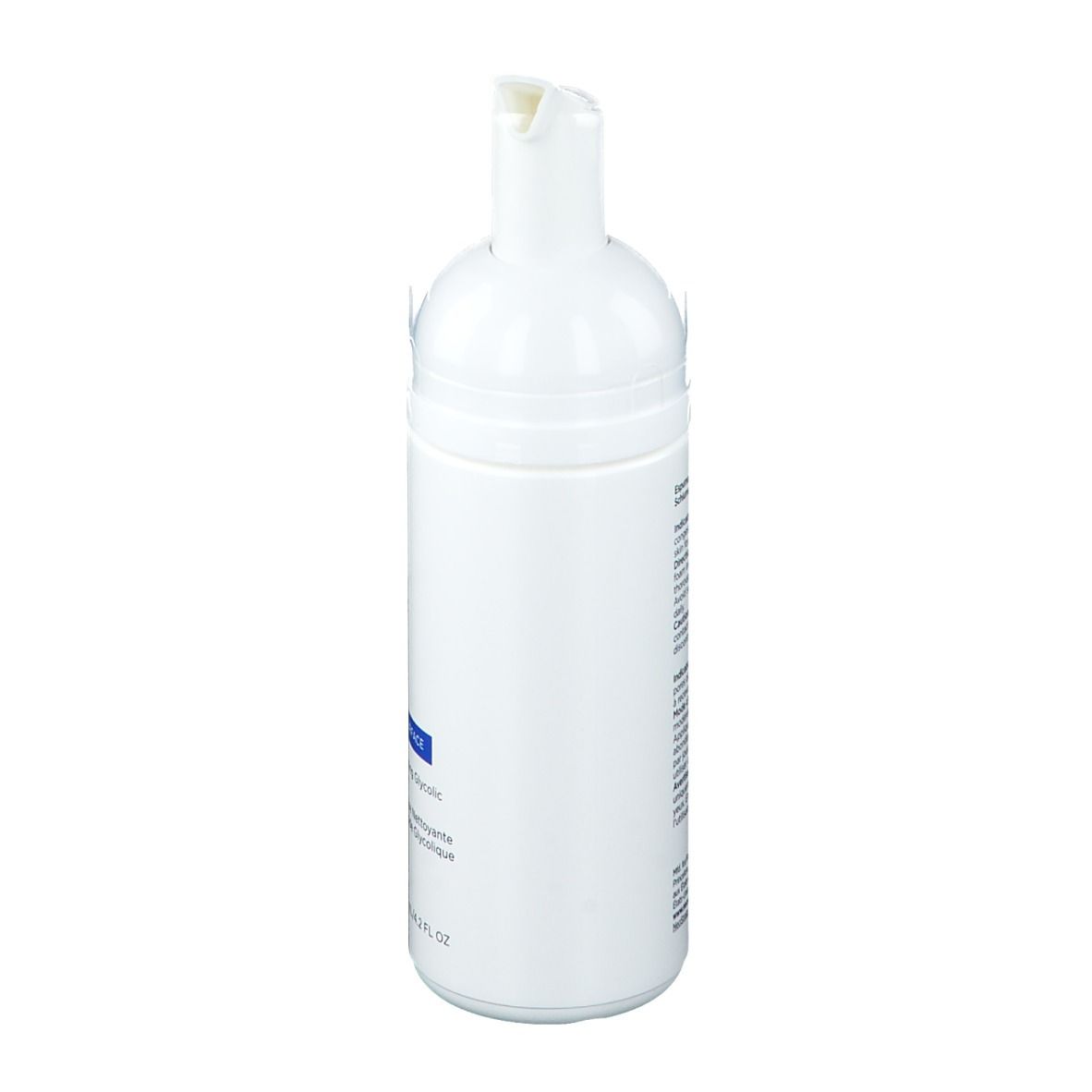Witte fles met pomp. Opschrift onleesbaar. Achterkant met tekst.