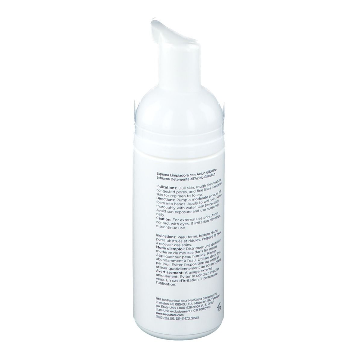 Witte fles met pomp. Achterkant met tekst. Opschrift: Indications, Let op, etc.
