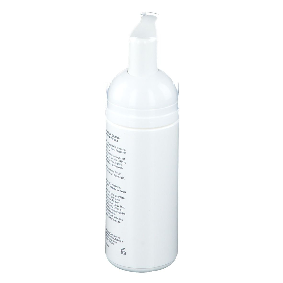 Witte fles met pomp. Achterkant met tekst. Opschrift onleesbaar.