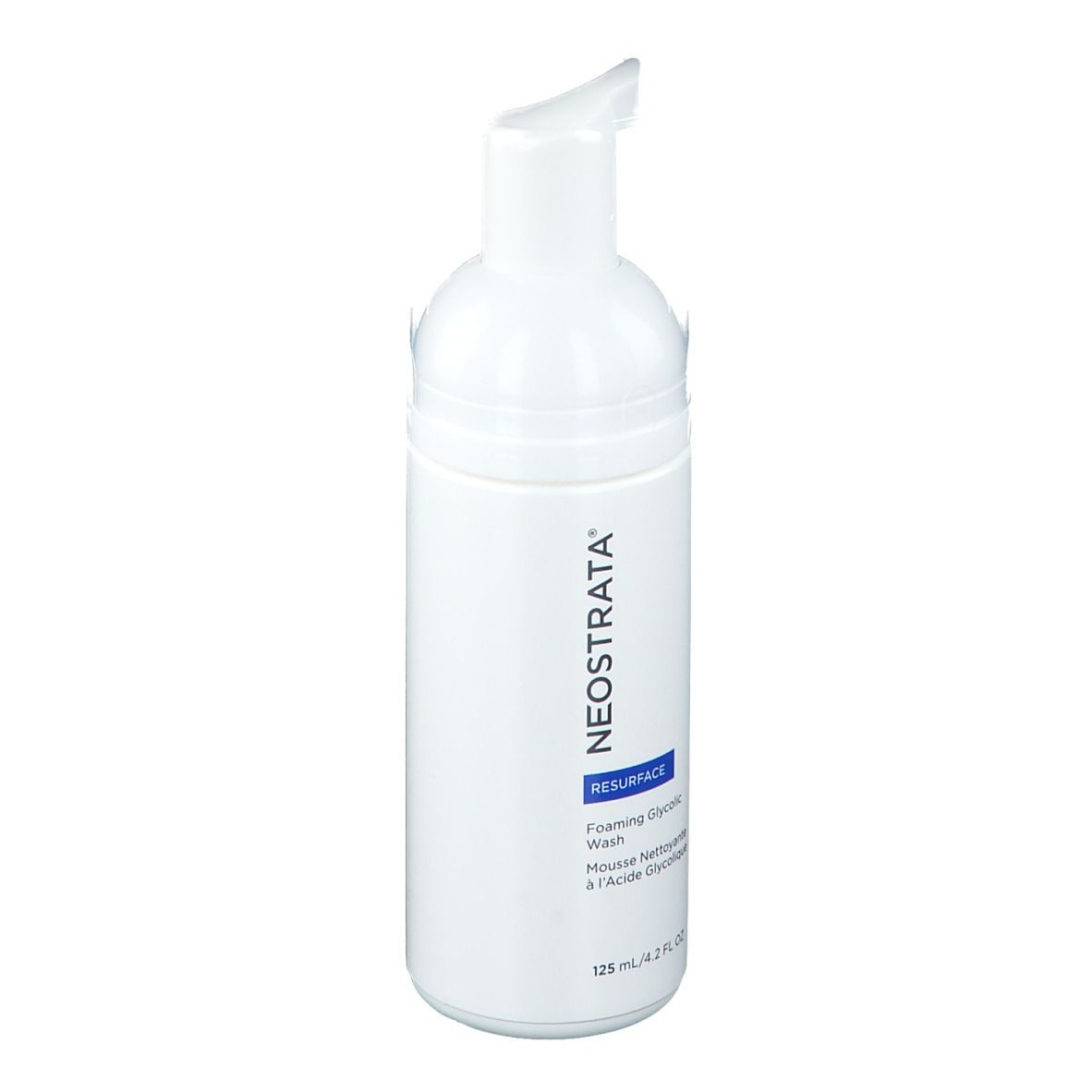 Witte fles met pomp. Opschrift: NEOSTRATA, RESURFACE, Foaming Glycolic Wash, 125 ml.