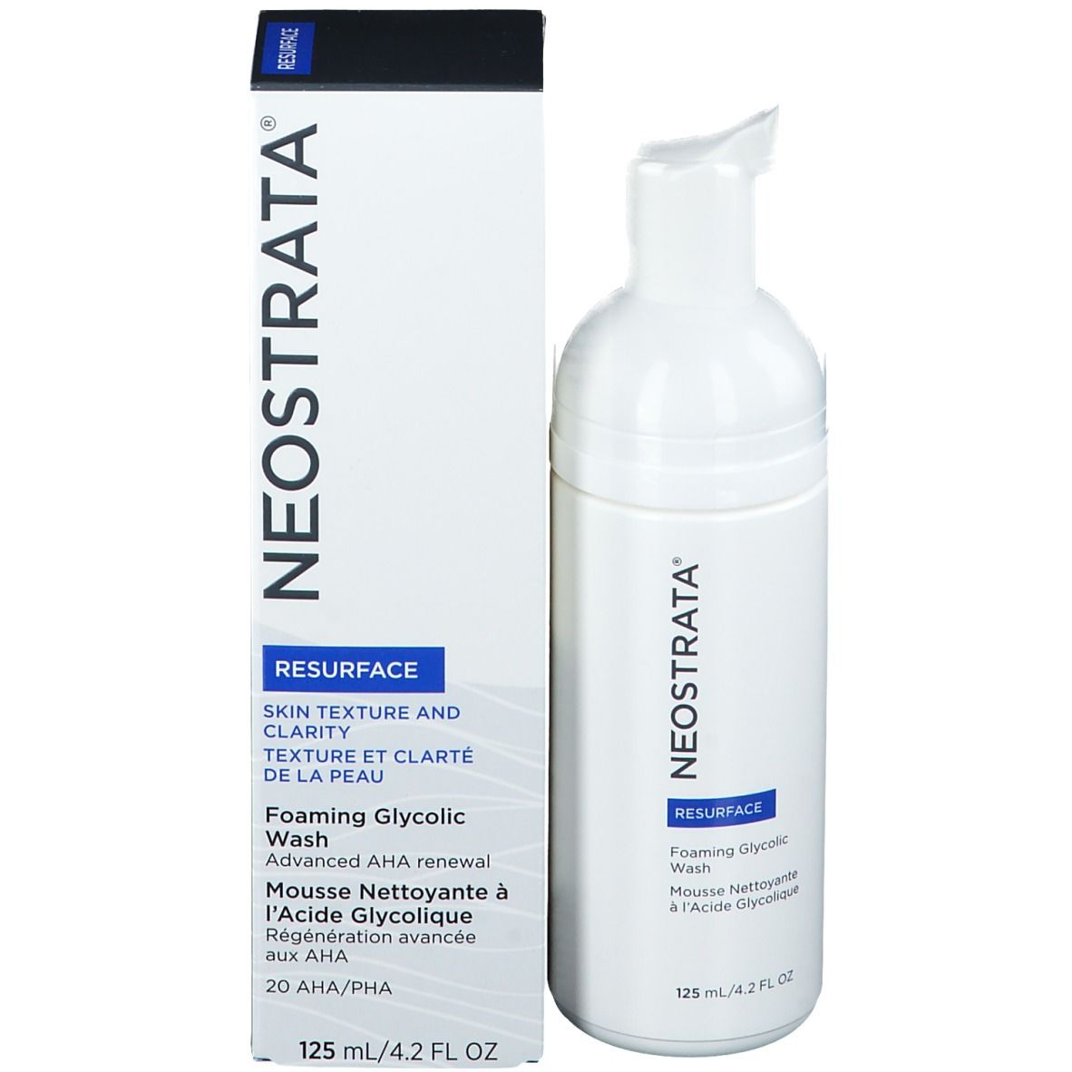 Product met verpakking. Witte fles met pomp en doos. Opschrift: NEOSTRATA, RESURFACE, 125 ml.