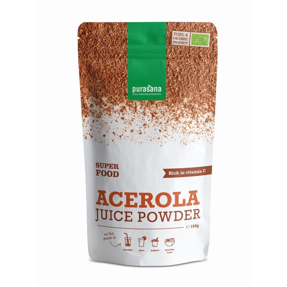 Sachet de Purasana Acerola Juice Powder. Sachet blanc avec bande verte. Inscription: Acerola Juice Powder. Label bio.