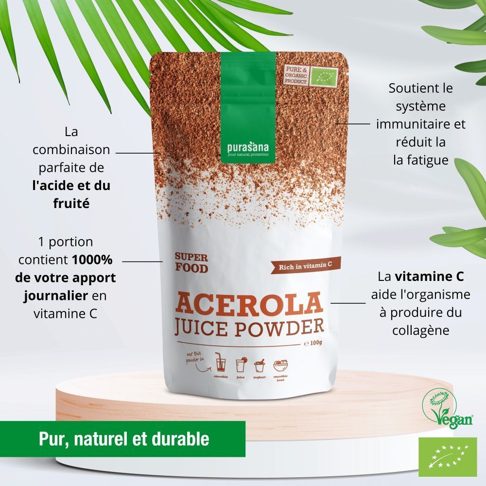 Sachet Purasana Acerola Juice Powder. Texte en français. Label vegan. Label bio. Texte: Acerola Juice Powder.