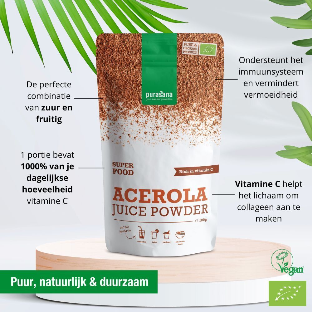 Purasana Acerola Juice Powder zakje. Nederlandse tekst. Vegan label. Bio label. Tekst: Acerola Juice Powder.