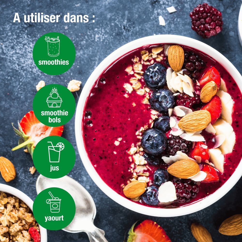 Bol de smoothie avec fruits et noix. Illustrations pour smoothies, bols de smoothie, jus et yaourt.