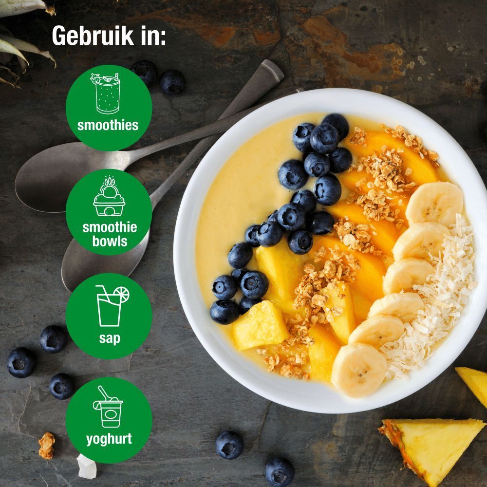 Kom met smoothie-ingrediënten: bosbessen, mango, banaan, muesli. Groene cirkels met iconen: smoothie, smoothie bowl, sap, yoghurt.