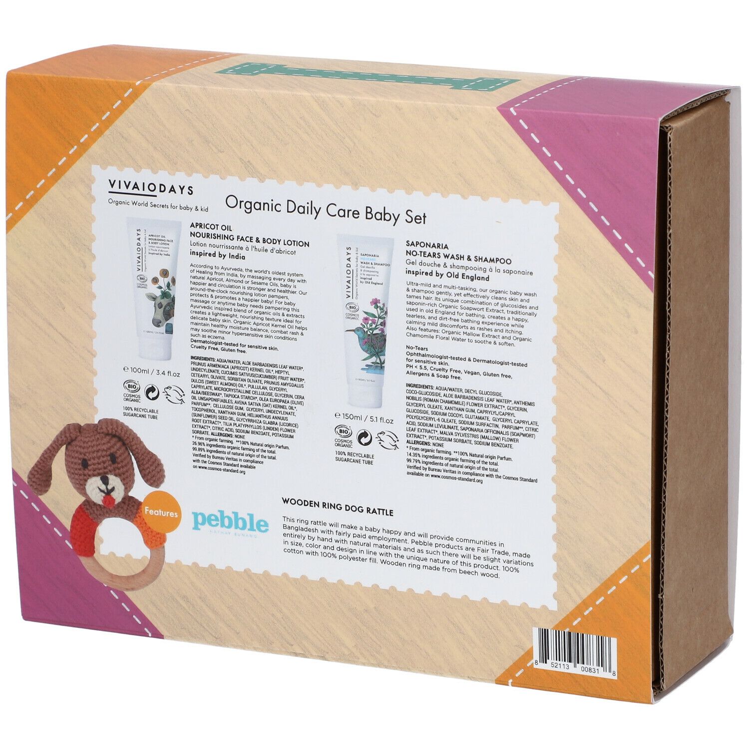Zijaanzicht van de verpakking van de babyverzorgingsset. Productinformatie en een bijtring zichtbaar.
