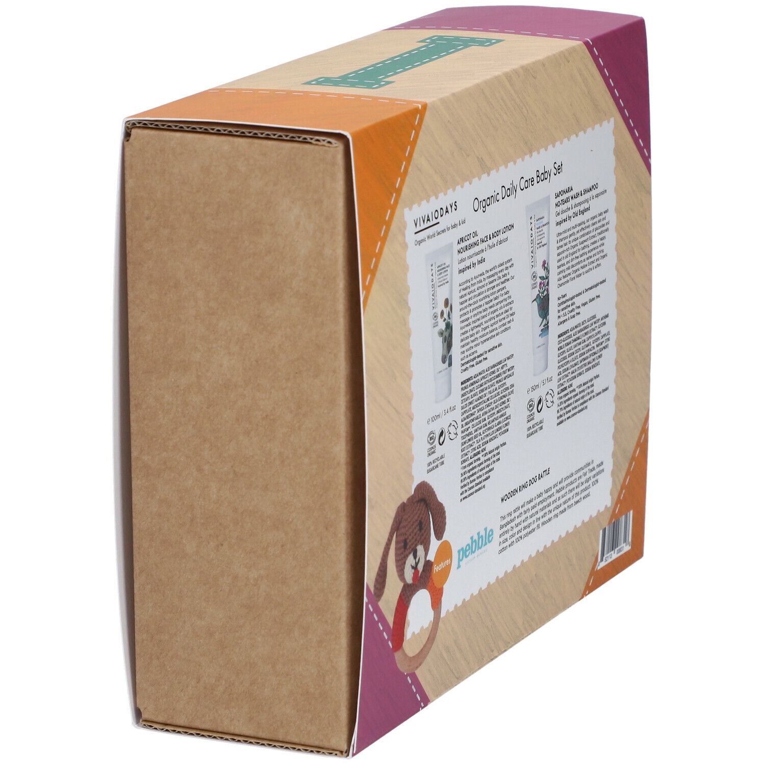 Zijaanzicht van de verpakking van de babyverzorgingsset. Productinformatie en een bijtring zichtbaar.