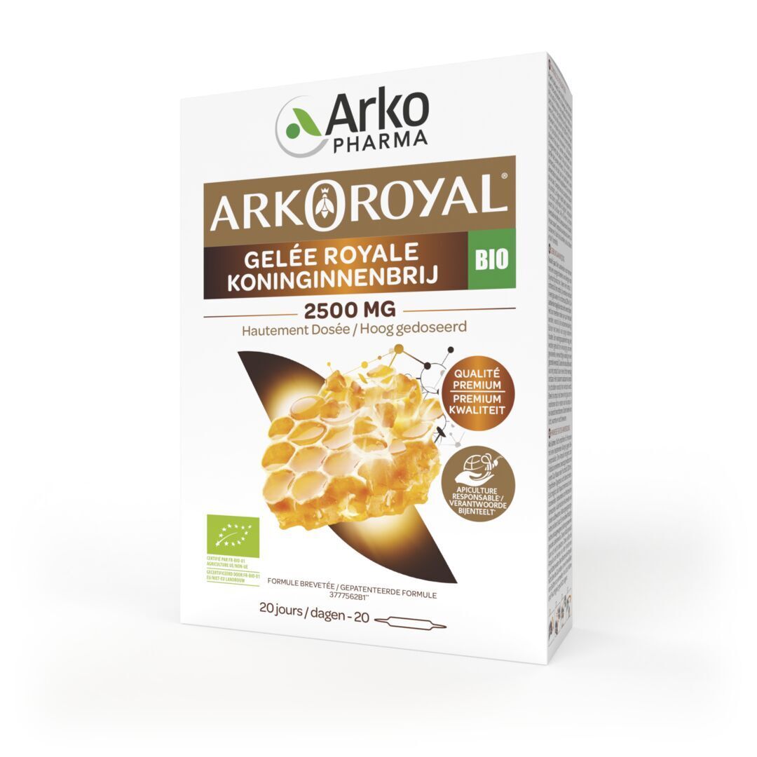 Boîte Arkoroyal Gelée Royale 2500mg Bio, en biais. Couleurs marron et jaune. Label Bio et 20 ampoules.