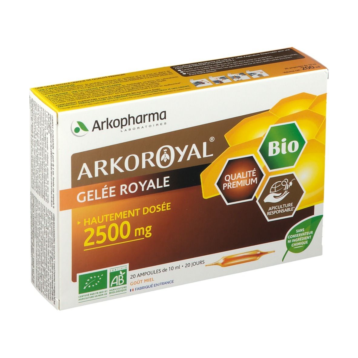 Boîte Arkoroyal Gelée Royale 2500mg Bio. Couleurs marron et jaune. Contient 20 ampoules. Label Bio.