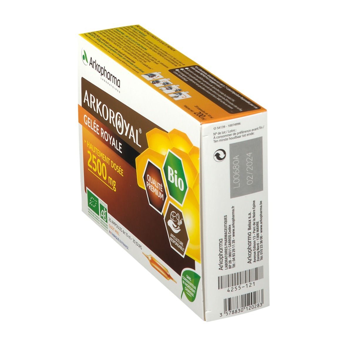 Boîte Arkoroyal Gelée Royale 2500mg Bio, en biais. Couleurs marron et jaune. Label Bio et 20 ampoules.