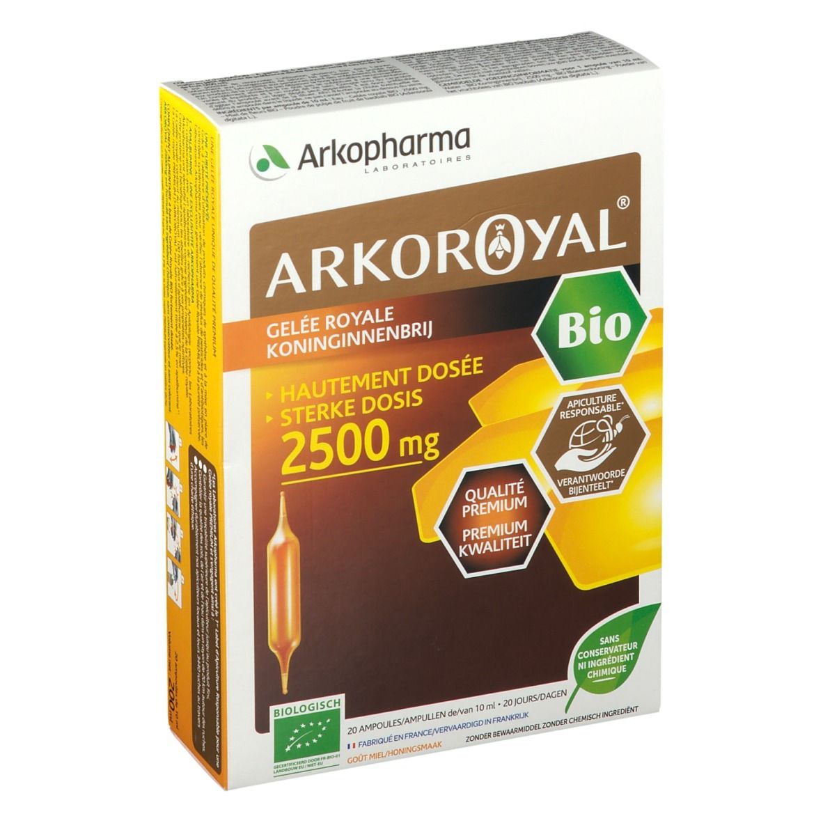 Boîte Arkoroyal Gelée Royale 2500mg Bio. Couleurs marron et jaune. Contient 20 ampoules. Label Bio.