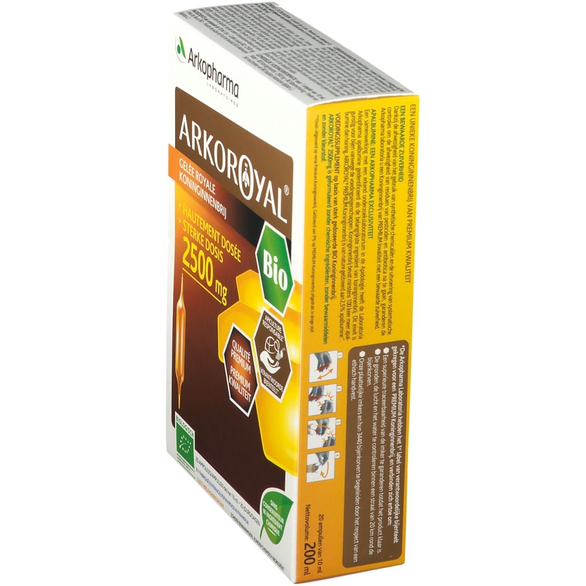 Boîte Arkoroyal Gelée Royale 2500mg Bio, en biais. Couleurs marron et jaune. Label Bio et 20 ampoules.
