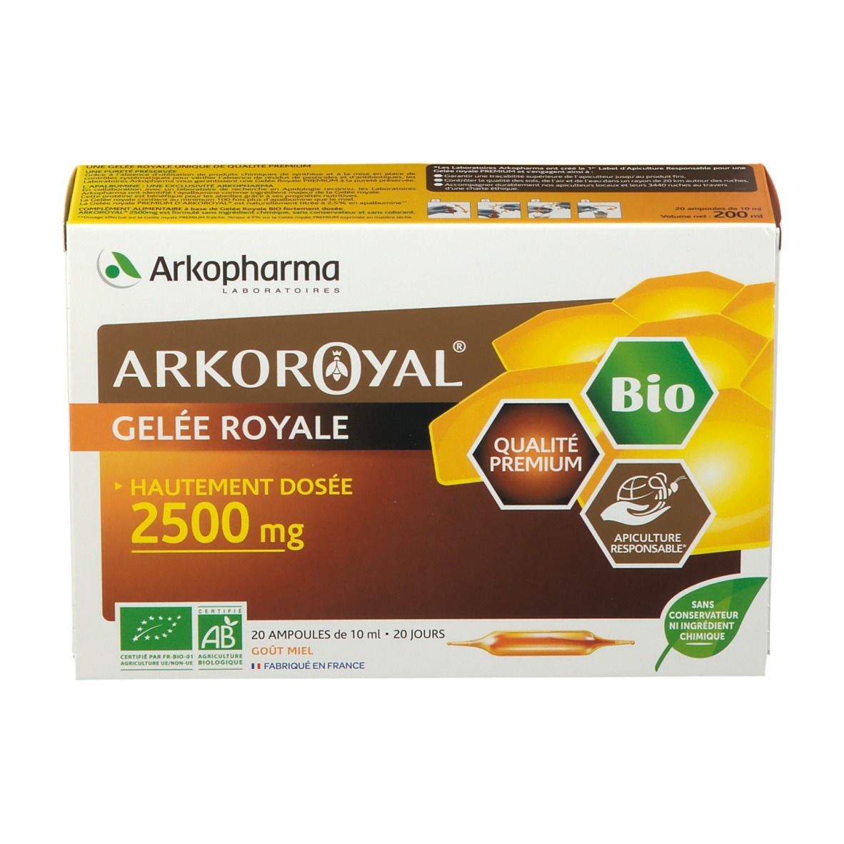 Boîte Arkoroyal Gelée Royale 2500mg Bio. Couleurs marron et jaune. Contient 20 ampoules. Label Bio.