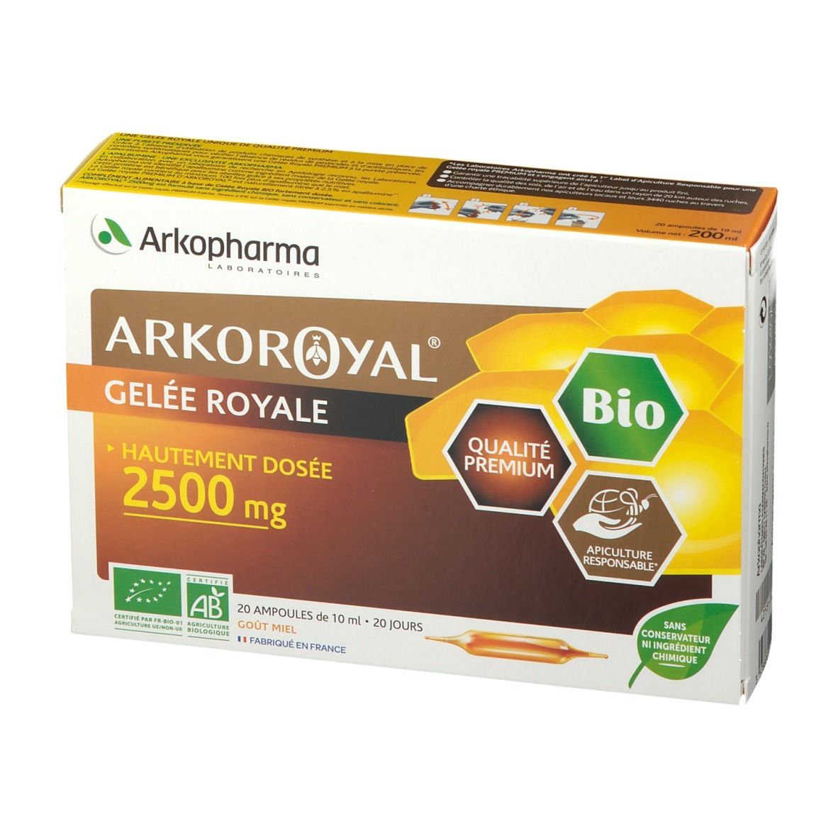 Boîte Arkoroyal Gelée Royale 2500mg Bio. Couleurs marron et jaune. Contient 20 ampoules. Label Bio.
