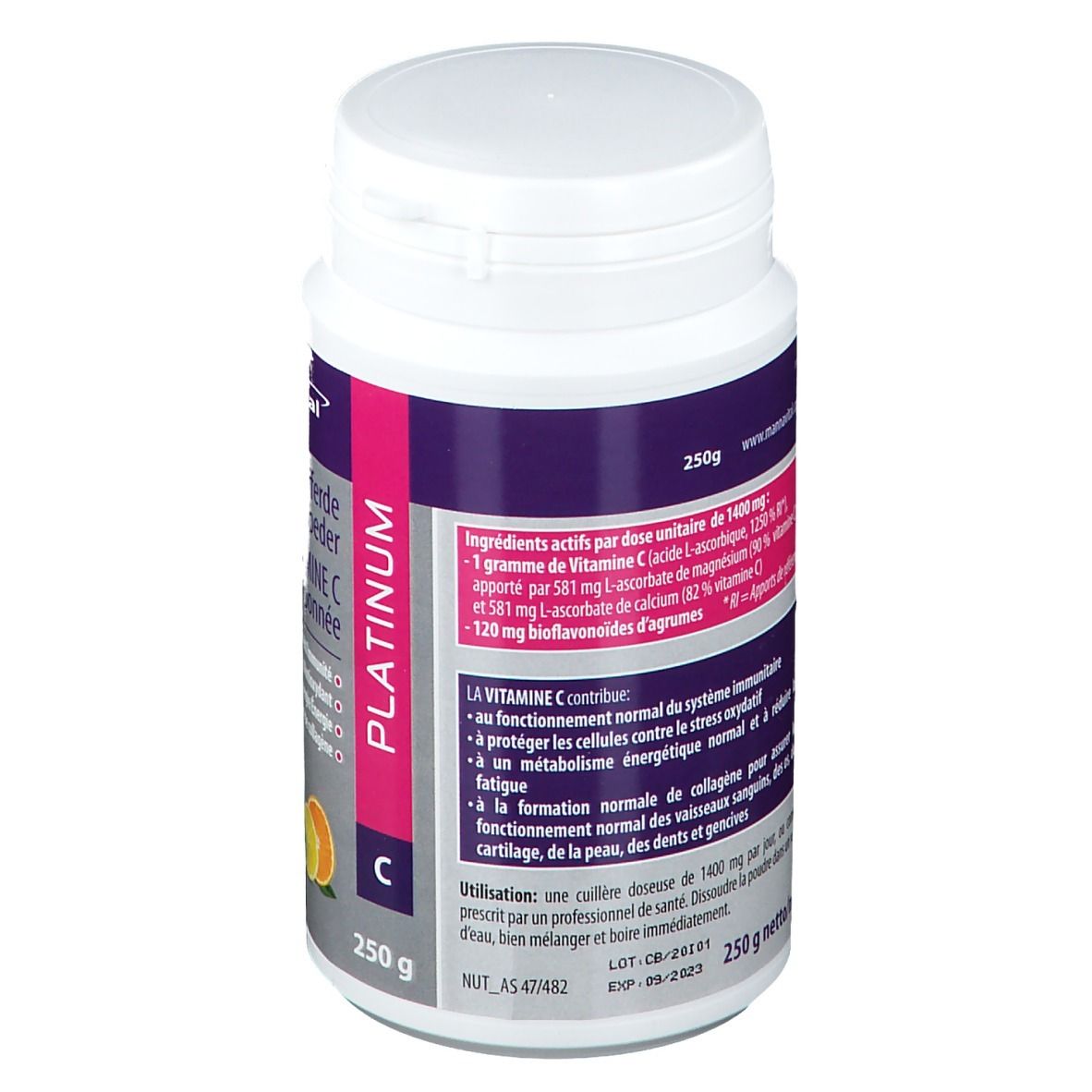 Achterkant witte pot Mannavital Vitamine C Platinum Buffé. Tekst: ingrediënten, gebruik, voedingswaarde. 250g.