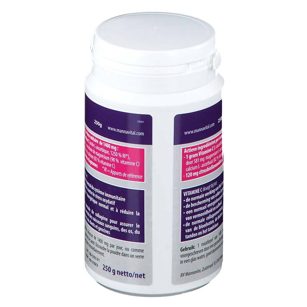 Achterkant witte pot Mannavital Vitamine C Platinum Buffé. Tekst: ingrediënten, gebruik, voedingswaarde. 250g.