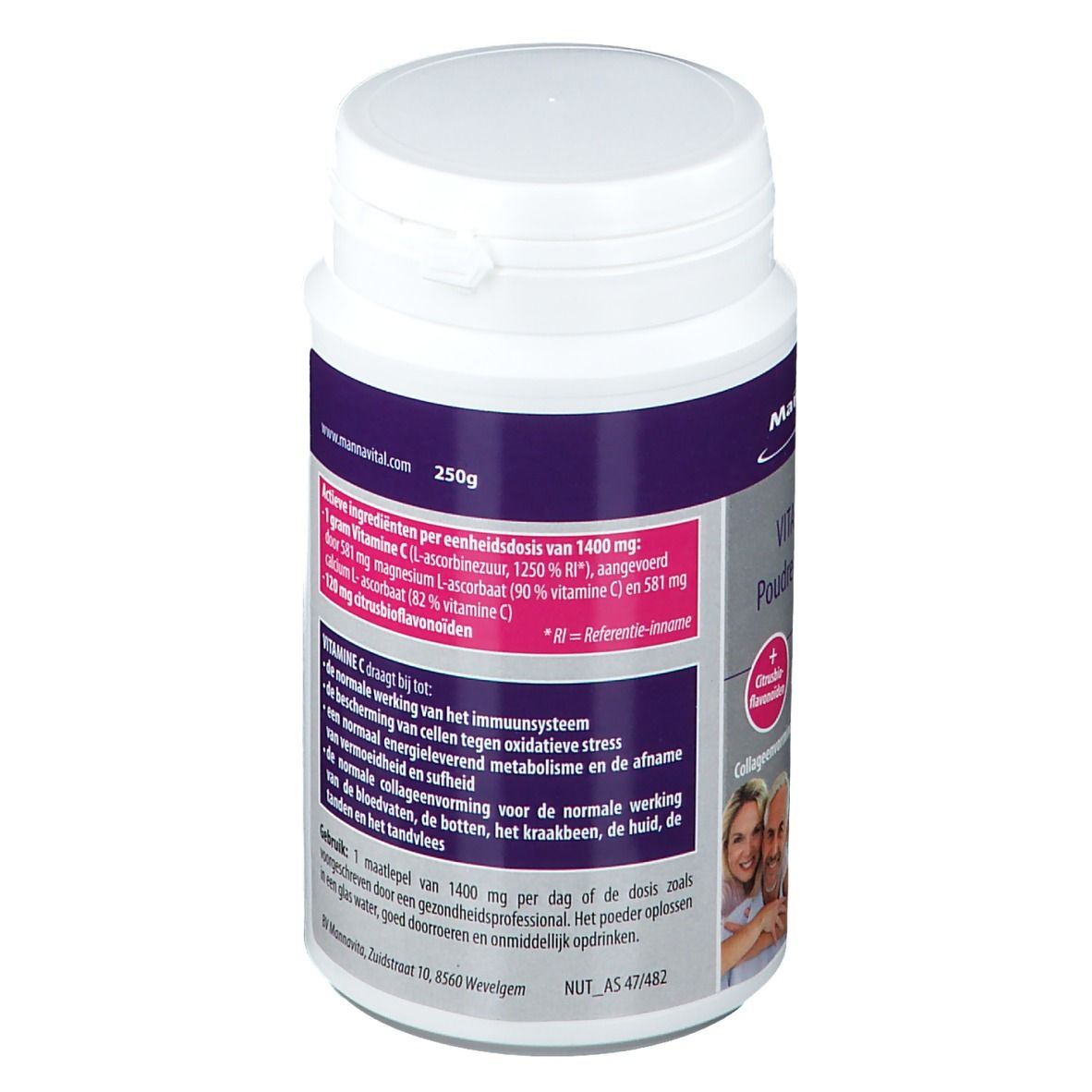 Achterkant witte pot Mannavital Vitamine C Platinum Buffé. Tekst: ingrediënten, gebruik, voedingswaarde. 250g.