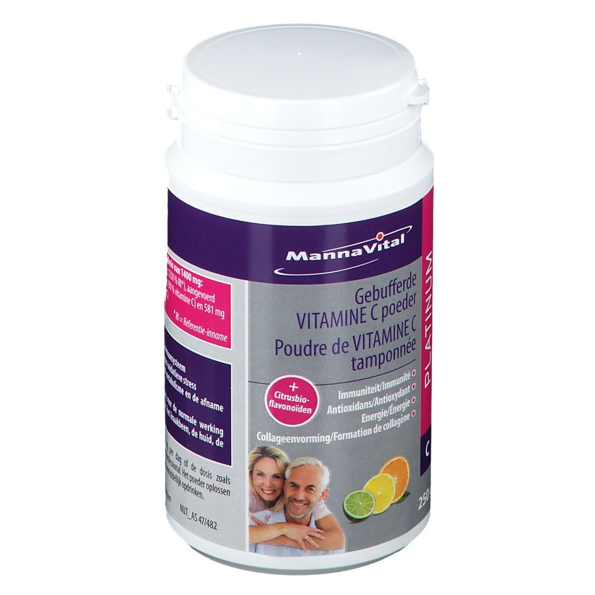 Witte pot Mannavital Vitamine C Platinum Buffé poeder. Opschrift: Vitamine C, magnesiumascorbaat, calciumascorbaat. 250g.