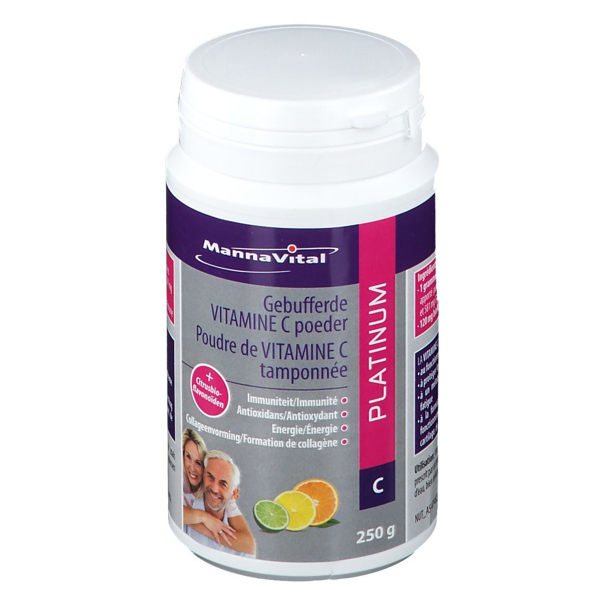 Witte pot Mannavital Vitamine C Platinum Buffé poeder. Opschrift: Vitamine C, magnesiumascorbaat, calciumascorbaat. 250g.