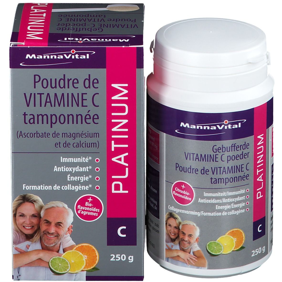 Doos en pot Mannavital Vitamine C Platinum Buffé. Opschrift: Vitamine C, magnesiumascorbaat, calciumascorbaat. 250g.