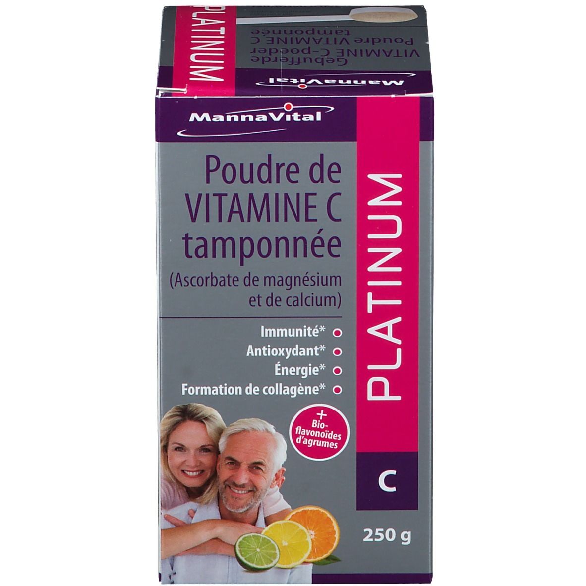 Doos Mannavital Vitamine C Platinum Buffé. Opschrift: Vitamine C, magnesiumascorbaat, calciumascorbaat. 250g.