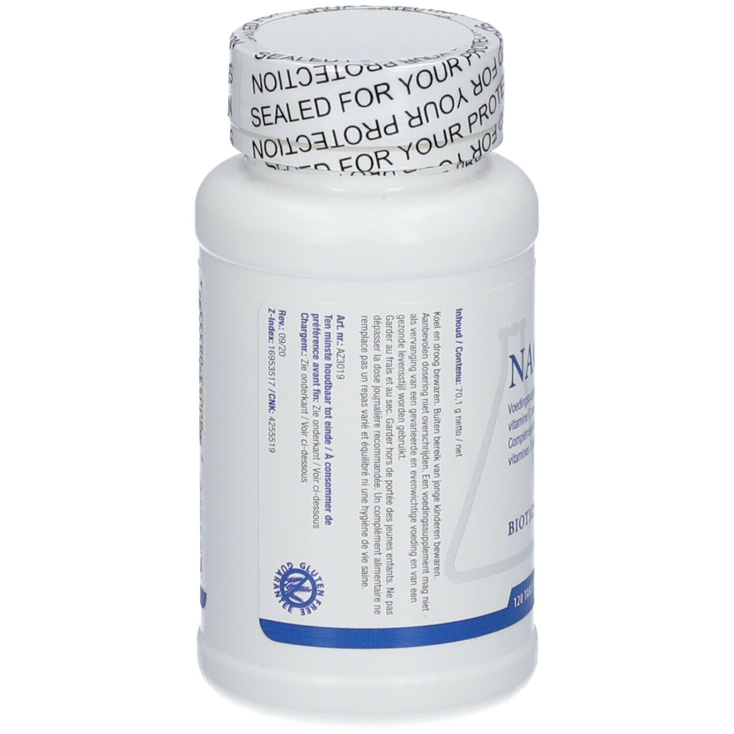 Achterkant van de witte fles. Meertalige tekst. Biotics Research-logo. 120 tabletten. Bedrukte dop.