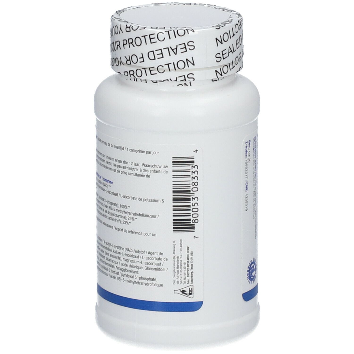 Achterkant van de witte fles. Meertalige tekst. Streepjescode. Dop met opdruk 'YOUR PROTECTION'.