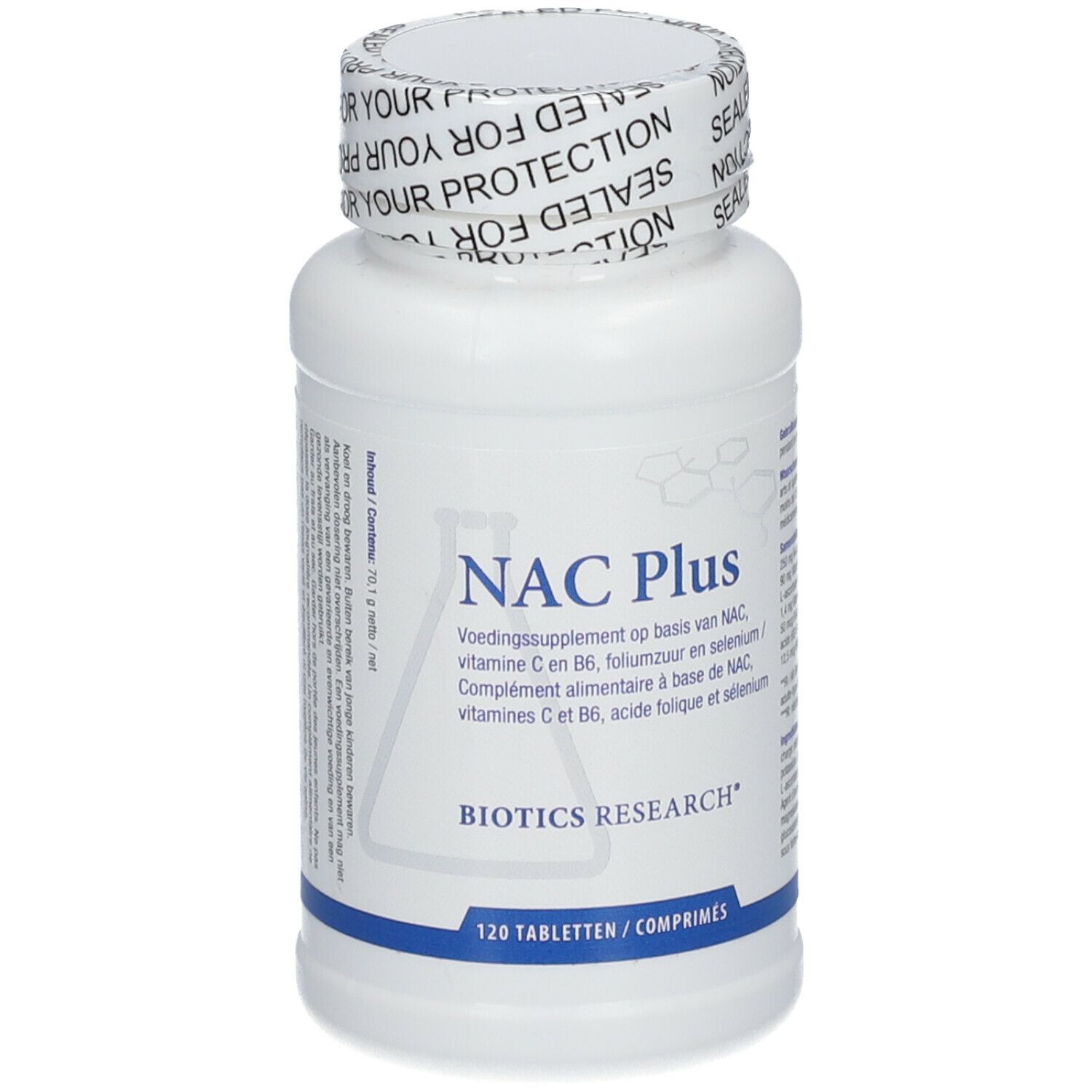 Witte fles met NAC Plus-label. Biotics Research-logo. 120 tabletten. Dop met opdruk 'YOUR PROTECTION'.