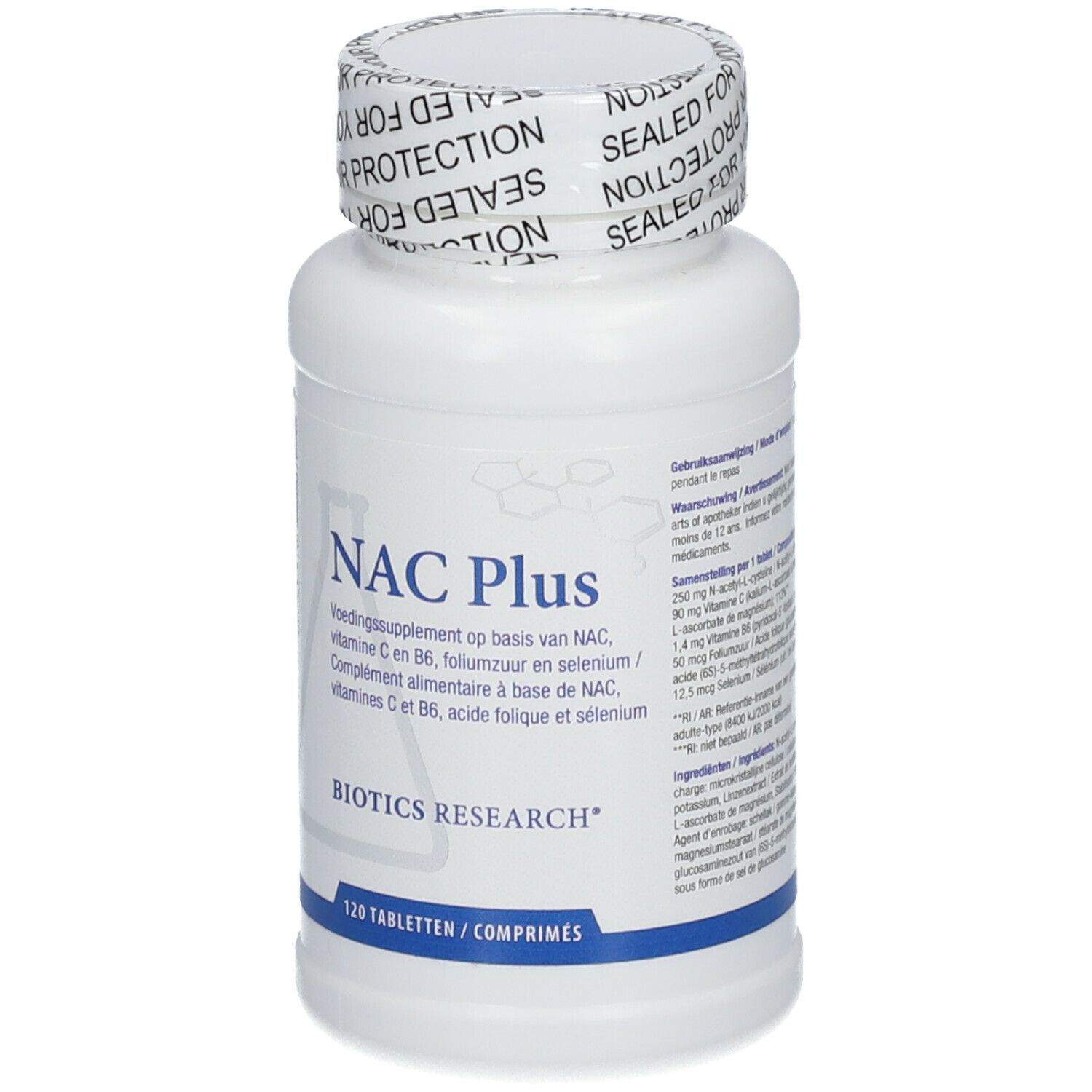 Witte fles met NAC Plus-label. Biotics Research-logo. 120 tabletten. Dop met opdruk 'YOUR PROTECTION'.