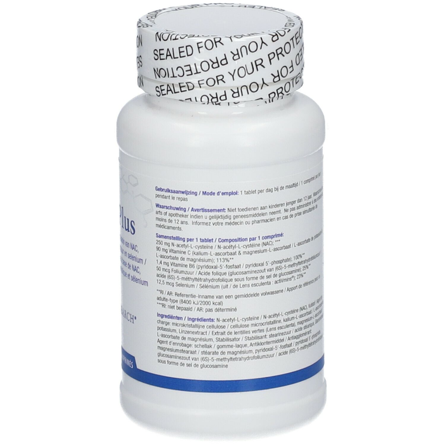 Achterkant van de witte fles. Meertalige tekst. Biotics Research-logo. 120 tabletten. Bedrukte dop.