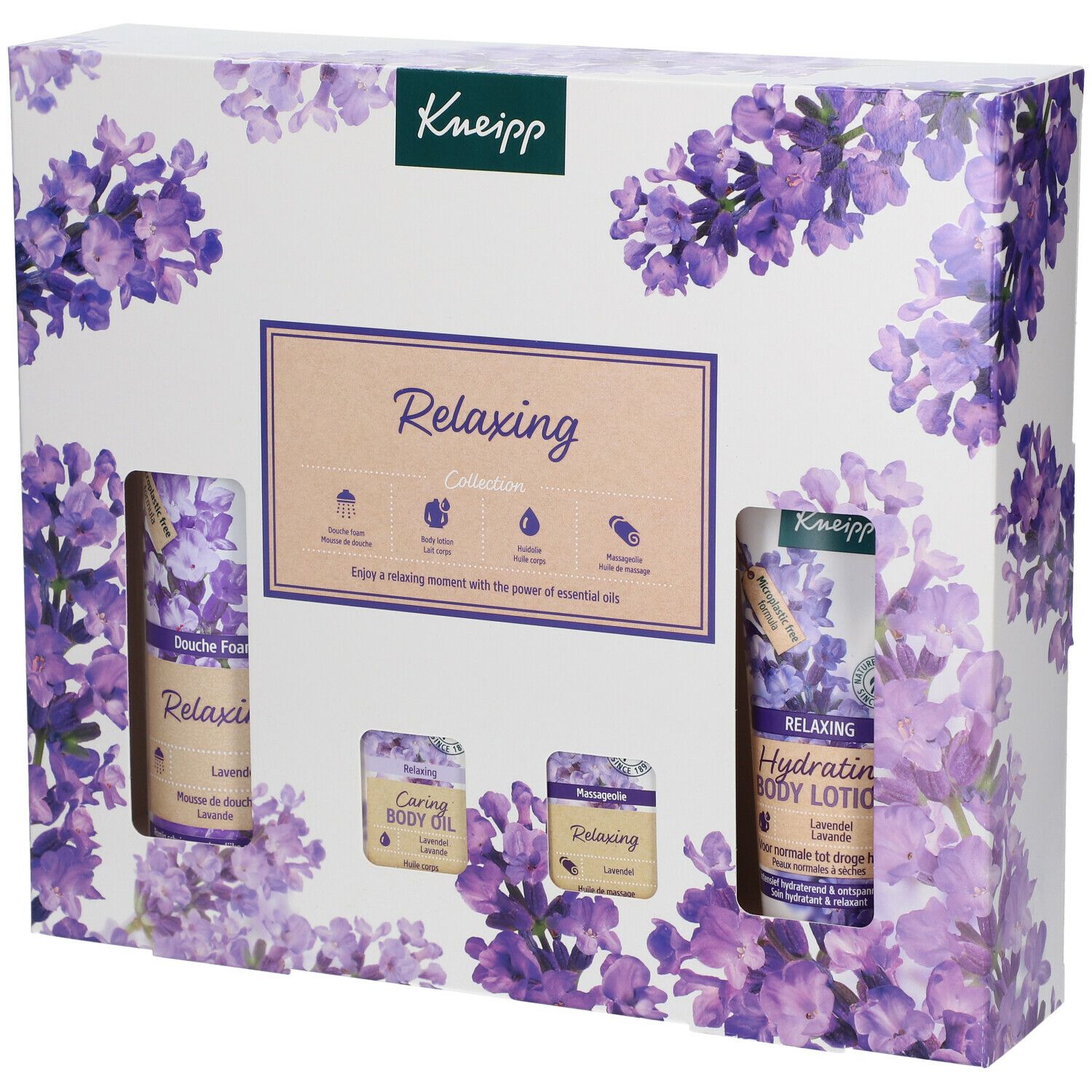 Coffret cadeau Kneipp Relaxing Collection. Emballage avec motif lavande. Contient mousse de douche, huile corporelle et lotion pour le corps.