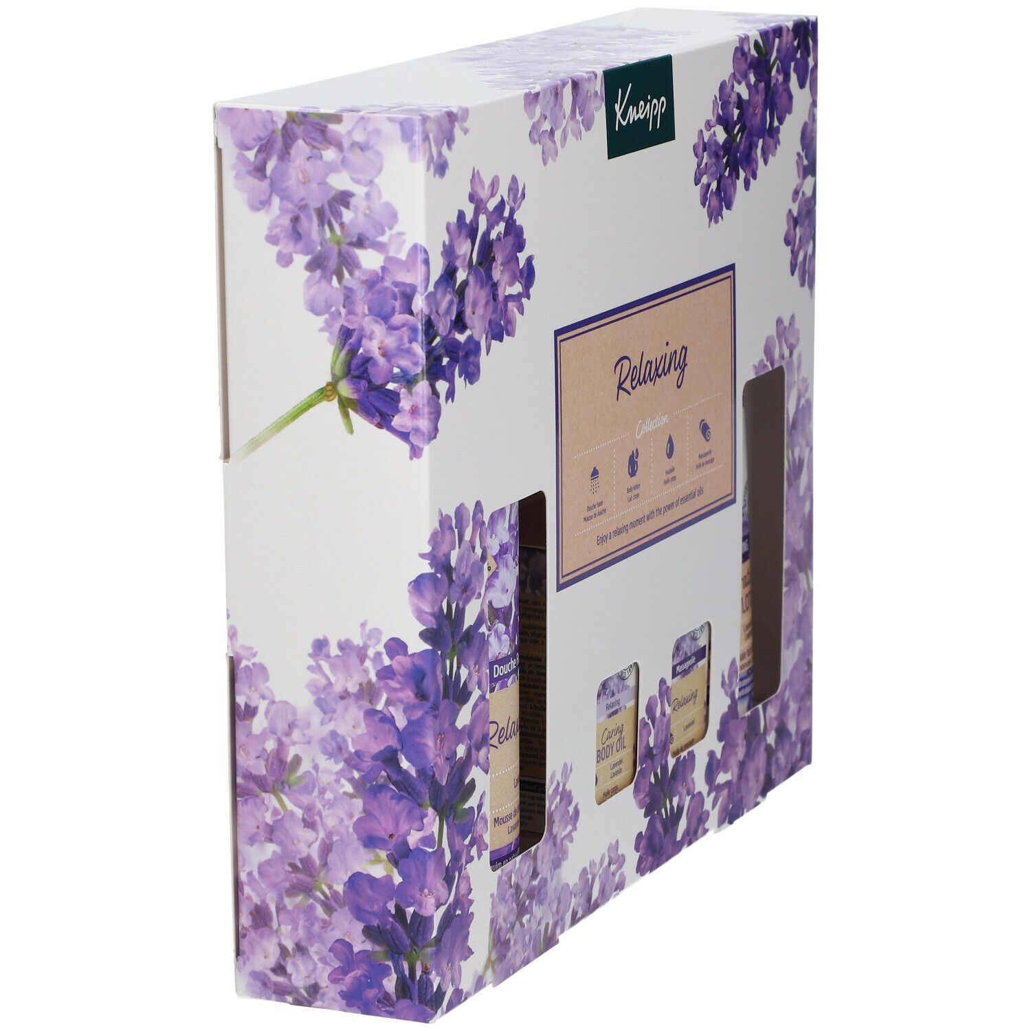 Vue latérale du coffret cadeau Kneipp Relaxing Collection. Emballage avec motif lavande. Contient mousse de douche, huile corporelle et lotion.