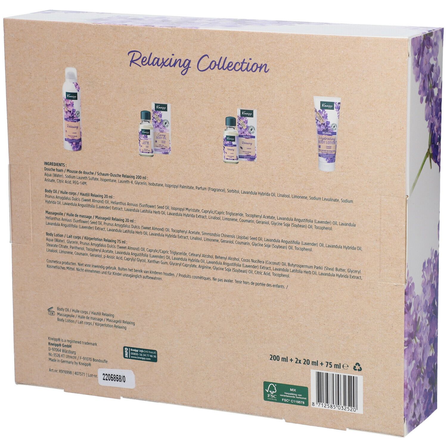 Dos du coffret cadeau Kneipp Relaxing Collection. Contient des informations sur les ingrédients et la quantité. Motif lavande.