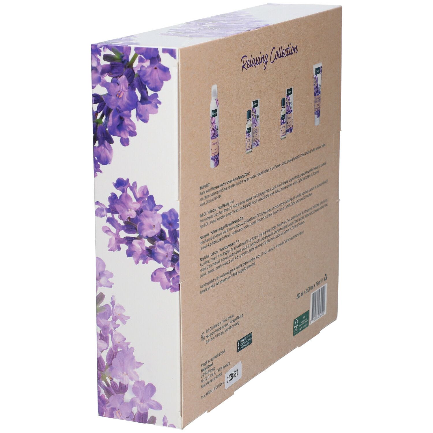 Vue latérale du coffret cadeau Kneipp Relaxing Collection. Contient des informations sur les ingrédients et la quantité. Motif lavande.
