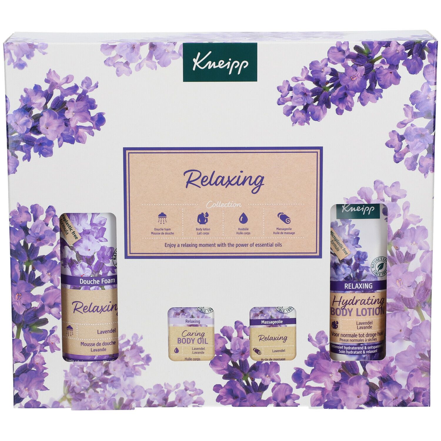 Coffret cadeau Kneipp Relaxing Collection. Contient mousse de douche, huile corporelle et lotion pour le corps. Motif lavande.