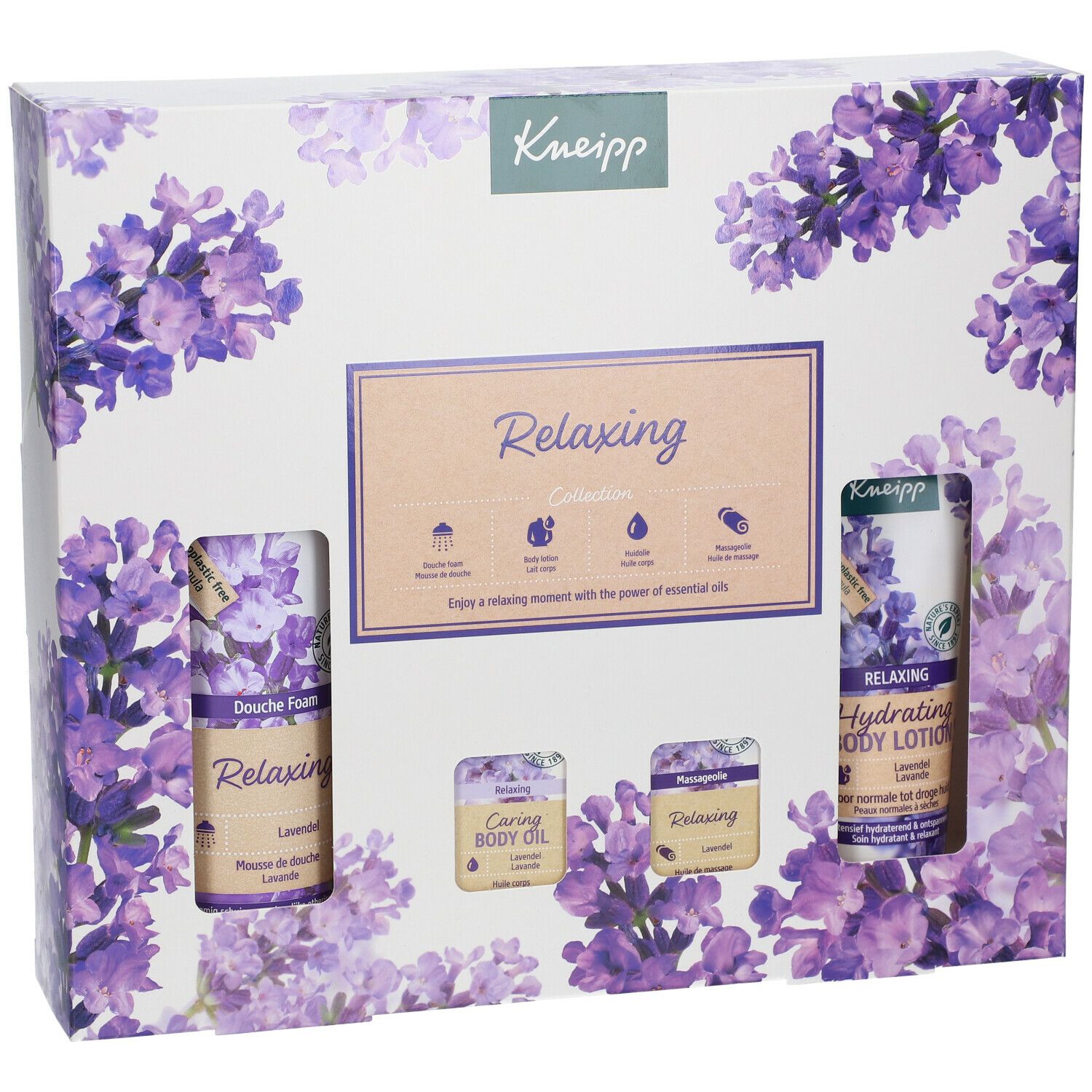 Coffret cadeau Kneipp Relaxing Collection. Contient mousse de douche, huile corporelle et lotion pour le corps. Motif lavande.
